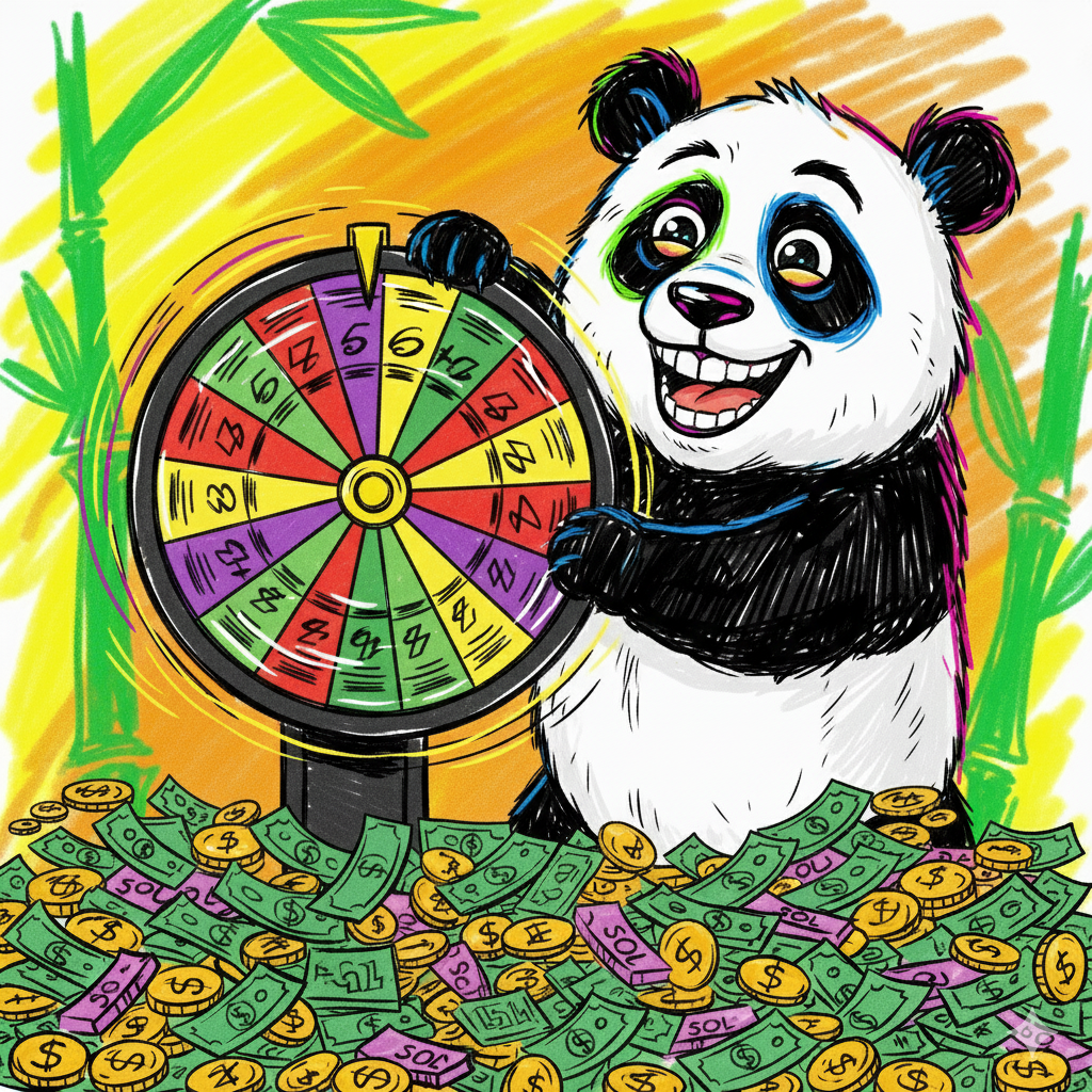 Smiling panda spinning the SoLSpin prize wheel surrounded by cash